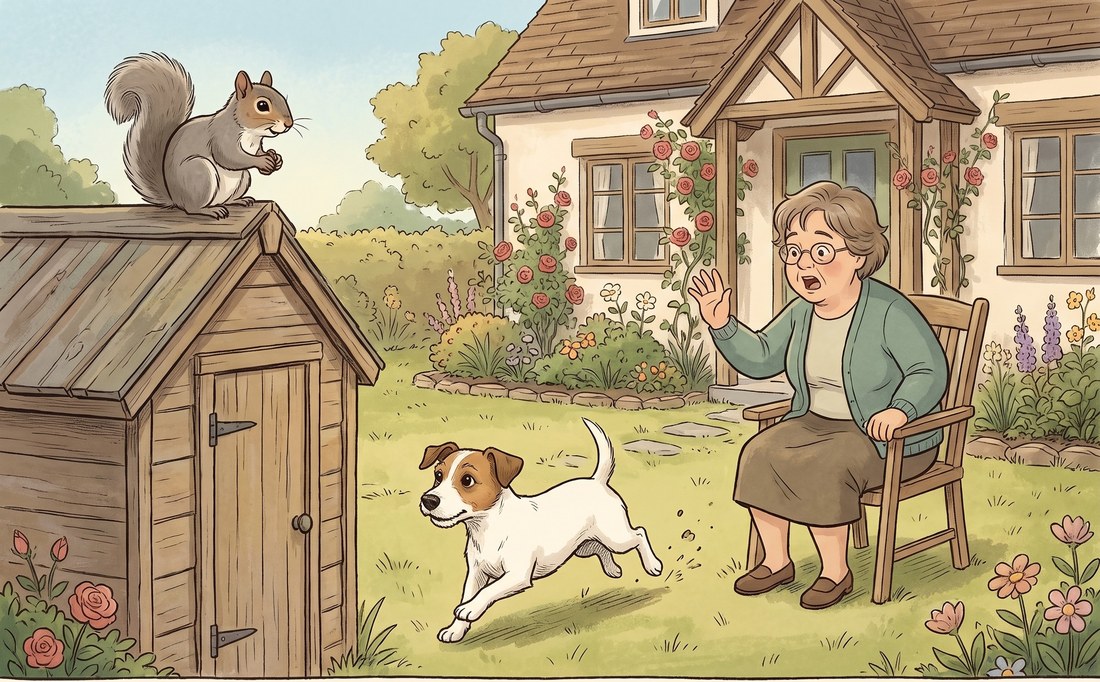 Nelson chasing a squirrel across the garden while Nana watches from her chair, an illustration from The Great Squirrel Standoff
